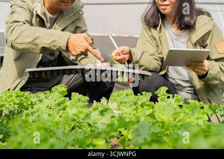Cropped shot of smart farmer couple work and using digital tablet in greenhouse. Test Plants Health Concept. Selective focus. Stock Photo