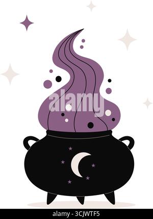 Magic Spooky black cauldron with purple potion smoke. Vector illustration in flat style perfect for Halloween or witchcraft design. Not AI Stock Vector