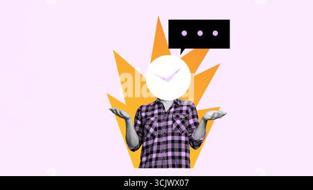 Surreal illustration. Person with clock face head and chat bubble Stock Photo