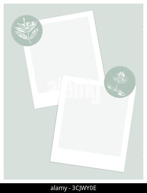 Photo book with frames and round botanical stickers with mint sprigs imprints and stamps. Vector illustration Stock Vector