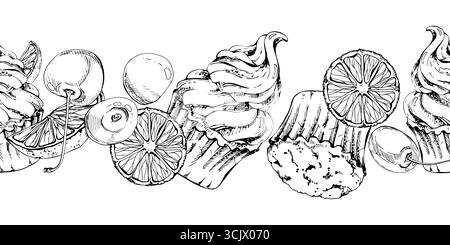 Cupcakes topped with whipped cream swirls, citrus mousse on muffins garnished with orange wedges and ripe cherries, hand drawn in vector ink. Seamless Stock Vector