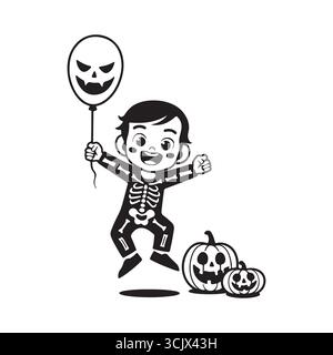 Cute cartoon illustration of a skeleton on a pumpkin Stock Vector