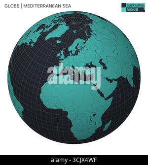 Vector globe centered on the Mediterranean Sea. Dark charcoal turquoise palette. World map with meridians, parallels, countries, rivers, and lakes. Stock Vector