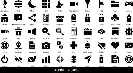 User Interface Icon Set : 50 Stylish Fill Vector Icons in Black Stock Vector