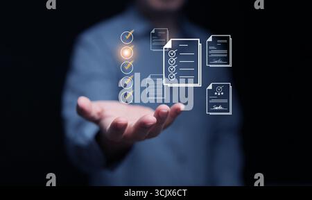 Hand presenting digital checklist with virtual files, illustrating project planning, business organization, and professional productivity improvement Stock Photo