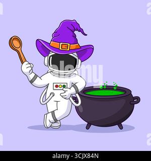 Cute Astronaut Witch Brewing Potion in Space Cauldron Vector Illustration Cartoon Design Stock Vector