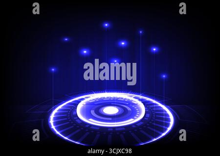Abstract technology background featuring a glowing blue circle with digital light beams and futuristic UI elements, vector illustration Stock Vector