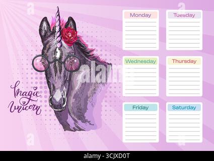 Cute purple unicorn in sunglasses and lettering. School schedule, weekly planner, organizer sheet with horse on a background. Printable hand drawn vec Stock Vector