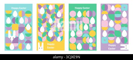 Set of Happy Easter cards in modern minimalistic style with geometric shapes, eggs. Abstract template for poster, branding, advertising, postcard Stock Vector