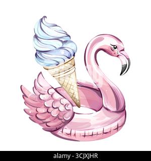 Bright summer vibes with a whimsical flamingo float featuring delicious ice cream ideal for beach relaxation and festive occasions Stock Vector