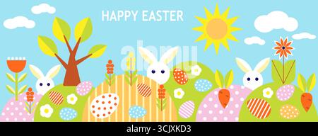 Set of Easter cards. Abstract geometric background. Eggs, spring flowers and decorations. For poster, postcard, scrapbooking, stickers. Vector. Stock Vector