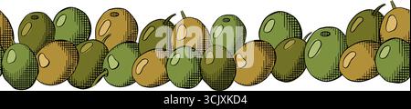 Olive green berry seamless horizontal border. Vector graphic line ink colored illustration. Greek oil fruit, farm harvest. Art ink horizontal frieze. Stock Vector