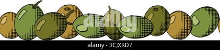 Olive Olive berry seamless horizontal border. Vector graphic line ink colored illustration. Greek oil harvest. Vector mediterranean tree on transparen Stock Vector