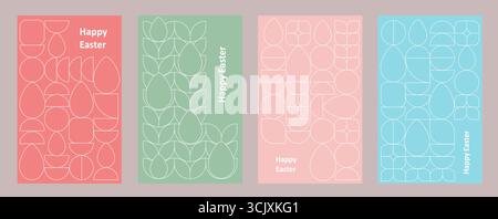 Set of Easter cards. Abstract geometric background. Eggs, spring flowers and decorations. For poster, postcard, scrapbooking, stickers. Vector. Stock Vector