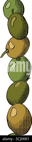 Olive Olive berry seamless vertical border. Vector graphic line ink colored illustration. Greek oil harvest. Vector mediterranean tree on transparent Stock Vector