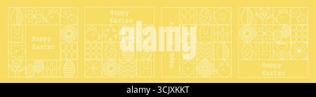 Set of Easter cards. Abstract geometric background. Eggs, spring flowers and decorations. For poster, postcard, scrapbooking, stickers. Vector. Stock Vector