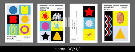 Abstract geometric posters. Brutalist forms. Swiss Design poster set. Bauhaus Print Patterns. Stock Vector