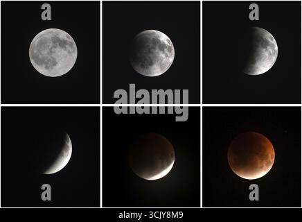 In this photo compilation, the Blood Moon is seen during the lunar eclipse of the year in Assam, India, on September 7, 2025. A Blood Moon occurs duri Stock Photo