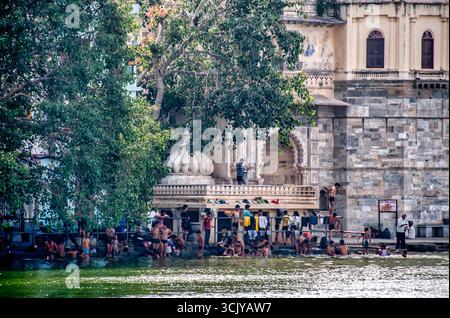 View of the old city of Udaipur across the Pichola Lake, Udaipur, Rajasthan, India. September 2015 Stock Photo
