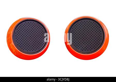 Two isolated round red seventies stereo speakers  isolated on a white background Stock Photo