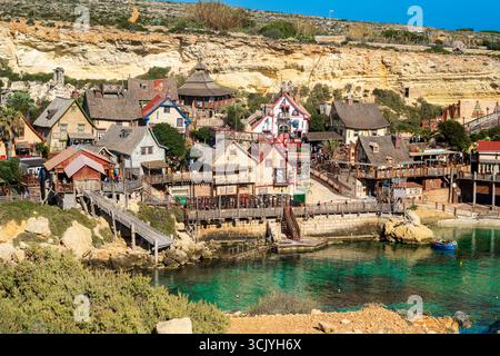Mellieha, Malta - December 31, 2024: Popeye Village Malta has grown from its days as a Film Set of the 1980 Musical Production 'Popeye' into one of th Stock Photo