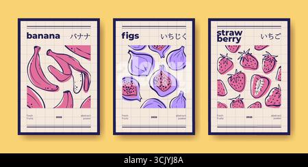 Modern fruit poster collection with figs, strawberry and banana in abstract style - minimalist designs for contemporary kitchen or cafe decor. Fresh botanical produce artwork with text layout. Stock Vector