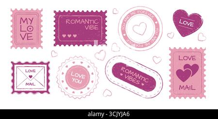 Valentine love stamp collection with pink romantic postal marks, heart shaped designs, mail envelope symbols for greeting cards. Round circular pretty badges with rectangular postage stickers. Stock Vector