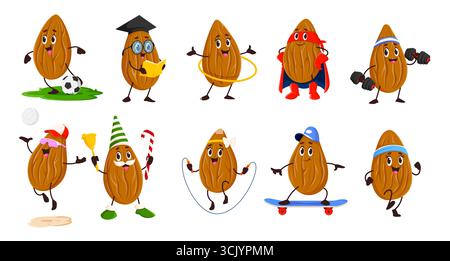 Cartoon funny almond nut characters engaged in fun activities, including sports, studying, and celebrations. Vector cute almond kernel personages are styled with glasses, superhero capes and hats Stock Vector