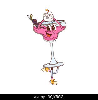 Retro hippie cocktail drink glass groovy character. Party fresh cocktail groovy 60s vector happy character, tropical drink cute personage. Alcohol beverage cheerful mascot with blackberries and straw Stock Vector