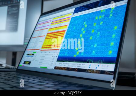 Laptop screen running WSJT-X software used in amateur radio digital communication modes such as FT8, FT4, JT65, MSK, and Q65. Display shows waterfall Stock Photo