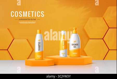 3d orange podium stage with cosmetic bottles and packages on vector honeycomb platforms. Realistic cosmetic products display stand, podium stage or scene with shampoo, balm and shower gel bottles Stock Vector