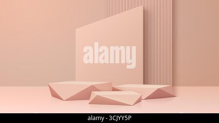 3d Beige podium stage pedestal with soft shadows and geometric shapes. Realistic vector platform for product display, cosmetics presentation or branding mockups. Elegant setup with subtle lighting Stock Vector