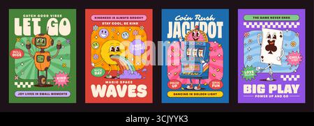 Game groovy hippie characters posters. Vector vibrant and whimsical set of retro prints with cheerful robot, card, slot machine and rainbow spewing emoji characters, promote positivity and kindness Stock Vector