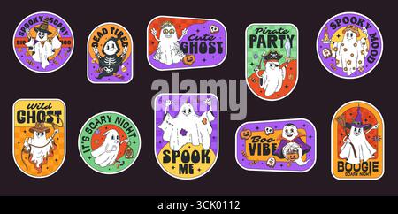 Halloween holiday groovy labels and stickers or hippie patches, vector cartoon monsters. Groovy Halloween stickers with funny boo and ghosts in witch hat with horror quotes for trick or treat party Stock Vector