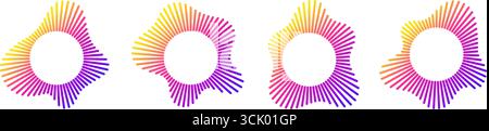 Circular sound wave music equalizers with gradient colors from yellow through pink to purple for audio visualization. Stock Vector