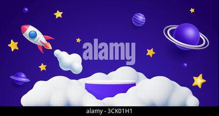 Kids podium with space rocket, clouds, planets or stars. 3d vector stage with shuttle launch in the night sky with galaxy twinkles. Children product display, stand, pedestal with cartoon toy spaceship Stock Vector