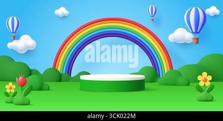 Kids 3d podium stage with rainbow and hot air balloons in summer garden with flowers and greenery. Playful cartoon vector landscape featuring vibrant arch over circular scene, fluffy clouds and blooms Stock Vector