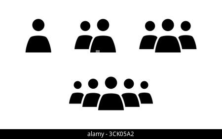People silhouette user icon set with single person, pairs and bigger teams. Flat design simple vector user silhouettes. Isolated user avatar icons. Stock Vector