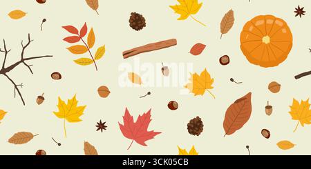 Autumn theme cozy seamless pattern. Fashion textile design with autumn theme hand-drawn leaves, pumpkin, chestnuts and other objects. Stock Vector