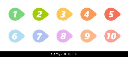 Bullet point numbers design element set. Colorful list markers collection, number 1 to 10. Stock Vector