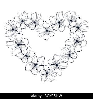 A black ink poppies flower heart wreath with a bud. Line art floral wreath for card or invitations, delicate hand drawn vector frame. Stock Vector