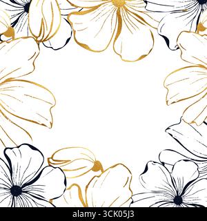 Poppies flower frame for card or invitation. Line art ink and gold hand drawn floral vector background. Vector illustration Stock Vector