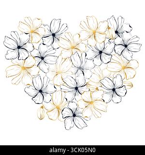Hearts frame with line art poppies flower, hand drawn vector illustration Stock Vector