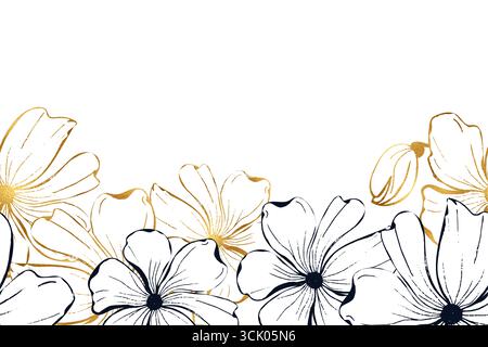 Poppies flower seamless boarder for card or invite. Line art ink hand drawn floral vector background. Stock Vector