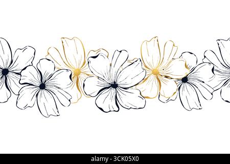 Poppies flower seamless boarder for card or invite. Line art ink hand drawn floral vector background. Stock Vector