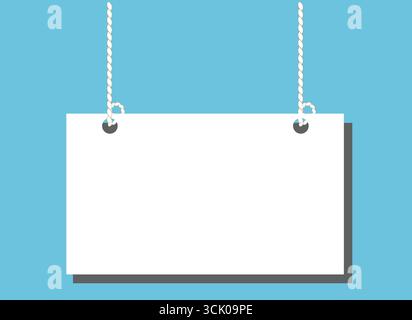 Blank hanging white vector poster frame with rope isolated on blue background. Stock Vector