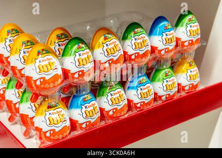 Bar, Montenegro, 22 August 2025, Kinder surprise eggs on the shelf of supermarket grocery store Stock Photo