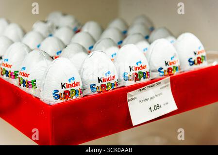 Bar, Montenegro, 22 August 2025, Kinder surprise eggs on the shelf of supermarket grocery store Stock Photo