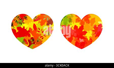 Autumn hearts with colorful leaves. 3D paper graphic design. Autumnal set Stock Vector
