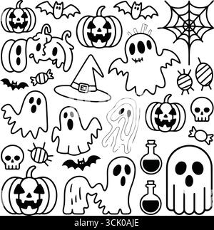 Black and white Halloween set with pumpkins, ghosts, bats, spiders, and potion bottles Stock Vector